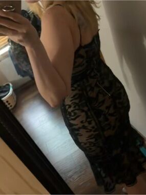 Lulu's Black Floral Velvet Overlay Midi Dress on Taupe